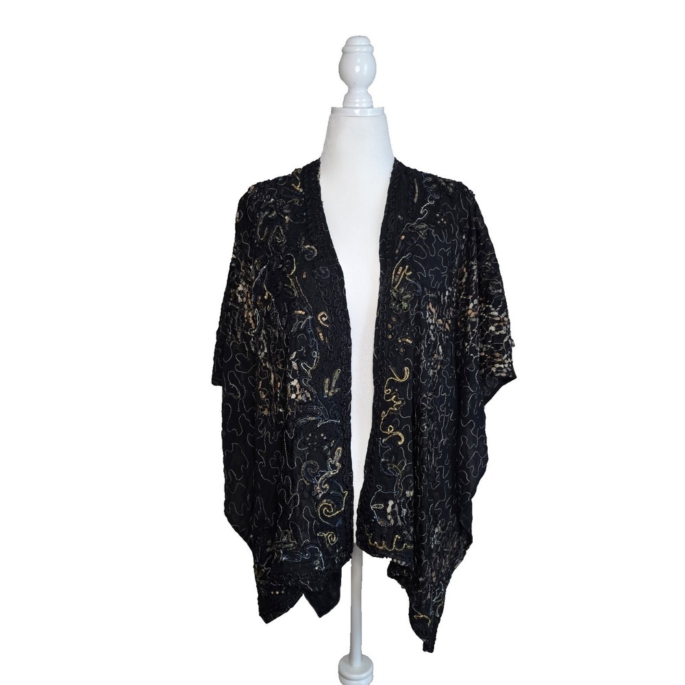Chico's Kimono Wrap Women One Size Black Gold Embroidered Sequin Sheer Boho Chic - Picture 2 of 14